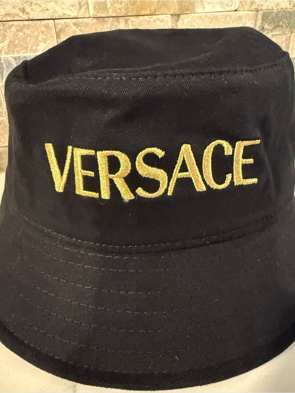 Versace Black Bucket Hat with Gold Logo Embroidery